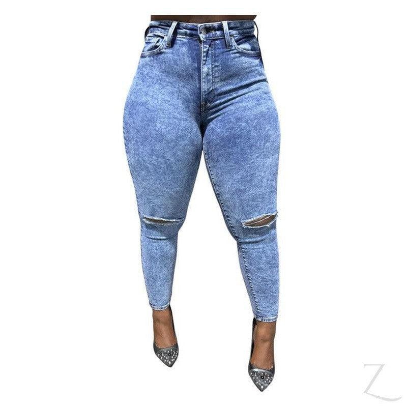 Buy-Ladies High Rise Super Stretchy Super Skinny Super Strong Denim Jeans | Ripped | "Futhi"-Stone Wash Blue-24-Regular-Online-in South Africa-on Zalemart