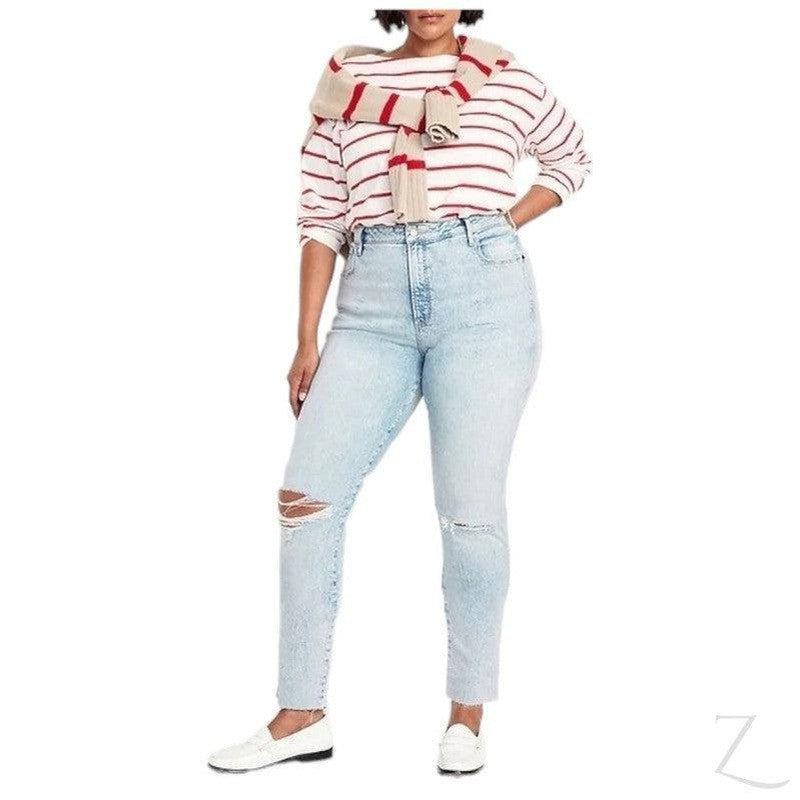 Buy-Ladies High Rise Super Strong Slightly Stretchy Slim Fit Denim Jeans With Cropped Hem | Ripped | "Samina"-Online-in South Africa-on Zalemart