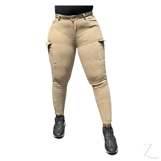 Buy-Ladies High Waist Super Skinny Strong Stretchy Cargo Pants | Zip Detail | "Oola"-Brown-28-Online-in South Africa-on Zalemart