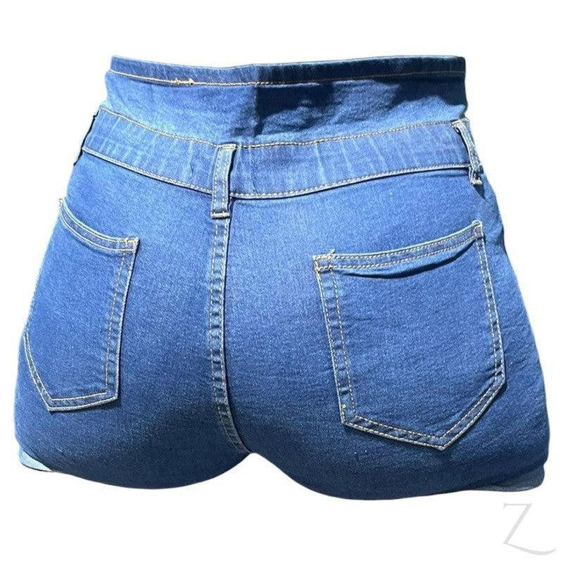 Ladies High Waist Super Strong Slightly Stretchy Paperbag Denim Shorts Zalemart