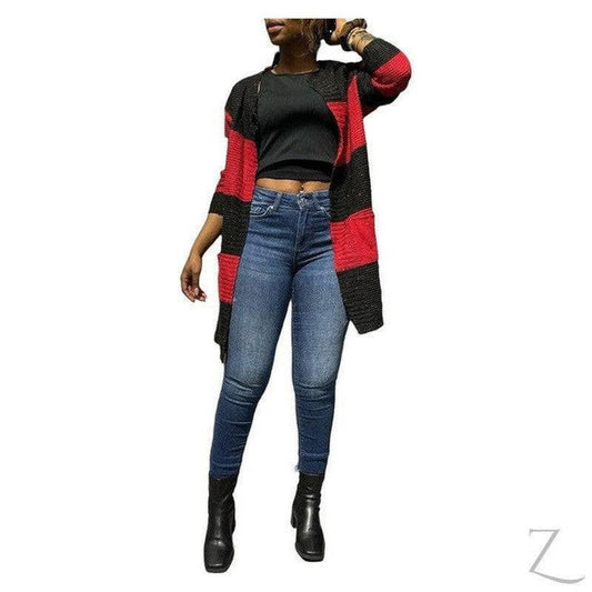 Buy-Ladies Open Front Woolly Cardigan | Long | "Zia"-Black & Red-S-Online-in South Africa-on Zalemart