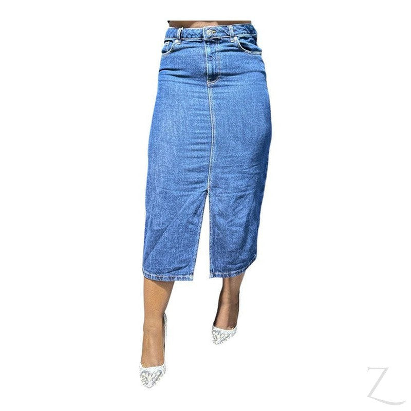 Buy-Ladies Super Strong Plain Pencil Denim Skirt | Midi | "Niso"-Dark Blue-28-Online-in South Africa-on Zalemart