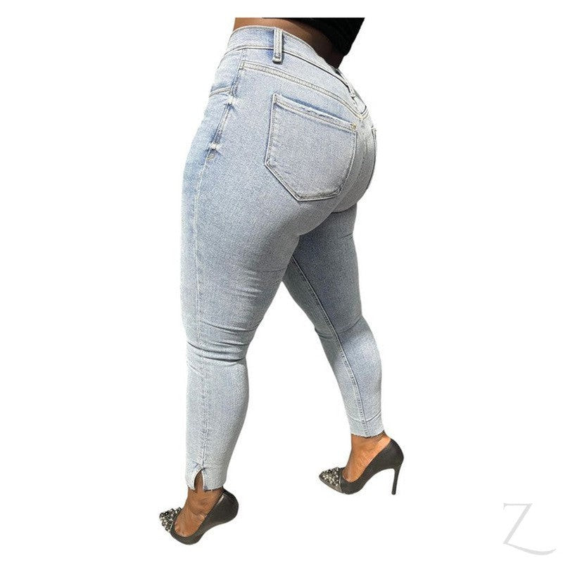 Buy-Ladies Super Strong Stretchy Skinny Plain Denim Jeans | Slit Cropped Hem | "Barbie"-Online-in South Africa-on Zalemart