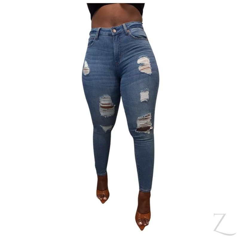 Buy-Ladies High Waist Super Skinny Stretchy Strong Denim Jeans | Ripped | "Diza"-Blue-24-Regular-Online-in South Africa-on Zalemart