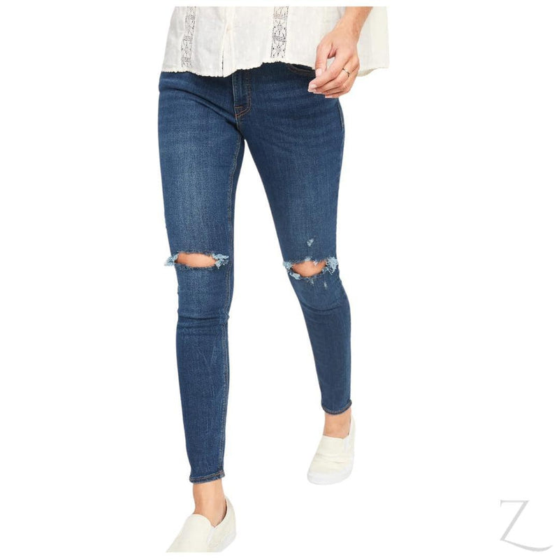 Buy-Ladies Mid Rise Super Skinny Stretchy Blue Jeans | 2 Knees Ripped | "Samina"-Blue-28-Online-in South Africa-on Zalemart