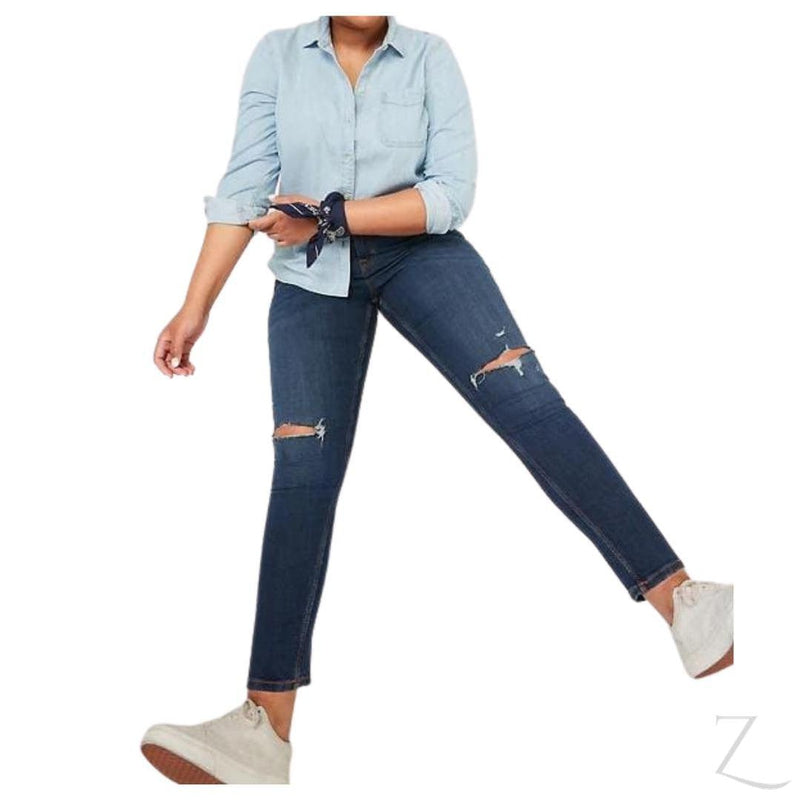 Buy-Ladies Mid Rise Super Skinny Stretchy Blue Jeans | 2 Knees Ripped | "Samina"-Online-in South Africa-on Zalemart