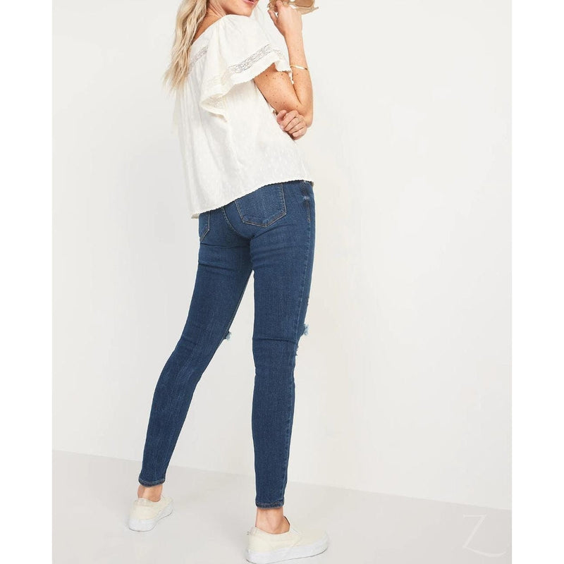 Buy-Ladies Mid Rise Super Skinny Stretchy Blue Jeans | 2 Knees Ripped | "Samina"-Online-in South Africa-on Zalemart