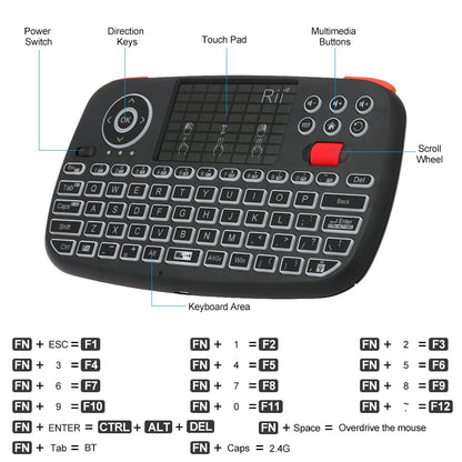 Rii Wireless QWERTY Backlit Gamepad Touchpad | Keyboard | Bumpers | Scroll Wheel - Black